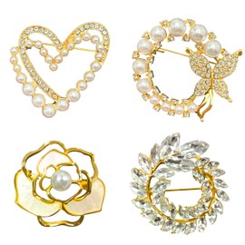 4PCS Heart Pearl Flower Brooch For Women Rhinestone Butterfly Pins Elegant Gold Crystal Wreath Brooch Women Floral Brooch Pin For Dress Shirts Coat