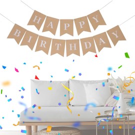 HUZNA Happy Birthday Banner Vintage Linen Garland 13cm x 17cm Brown Birthday Party Decoration Indoor/Outdoor
