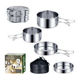 Logei Camping Cookware Set, Camping Crockery Set, 304 Stainless Steel Cooking Pot with Pan, Outdoor Cookware, Portable Camping Tableware Set, Foldable Cutlery, Outdoor Pot Set, Stackable Picnic Pot