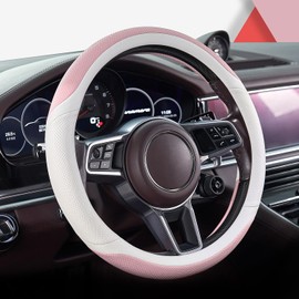 OURTIME Premium Microfiber Leather Car Steering Wheel Cover, Non-Slip,Soft, Breathable,Comfortable,Universal 15 inch (White with Pink)