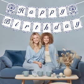 Talavera Happy Birthday Banner Blue and White Papel Picado Banner Mexican Fiesta Party Decorations for Mexican Theme Birthday Party Cinco De Mayo Fiesta