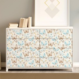 VaryPaper Cute Floral Butterfly Wallpaper Stick and Peel 17.7''x78.7'' Blue/Beige/Brown Butterfly Floral Contact Paper for Cabinets Dresser Self Adhesive Wall Mural Boho Wall Paper for Bedroom Nursery