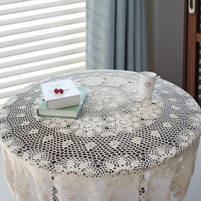 USTIDE Soft Cotton Handmade Crochet Tablecloth White Floral Lace Tablecloth