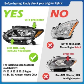 KarSpareHub Headlights with LED DRL Strip for 2014-2016 Rogue Headlamp Replacement, Halogen W/Bulbs, Driver & Passenger Side (NO PROJECTOR)