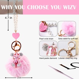 YOU WIZV Cute Gummy Bear Keychain for Women, with Fur Ball, Girls Bling Key Chians for Car Keys, Backpack, Purse Accessories, pink pom pom keychain