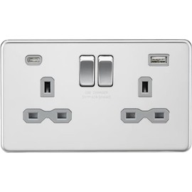 13A 2G SP Switched Socket with Dual USB A+C (5V DC 4.0A shared) - Polished Chrome with Grey Insert