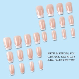 QISANKEE Short French Tip Nails Press on Nails Coffin Fake Nails，False Nails With Designs Pink French Tip Nails Artificial Nails Stick on Nails For Women Girls 24 PCS/Set