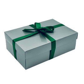 Silver Gift Box with Lid | Pick Your Ribbon Colour | Large Memory or Hamper Boxes | Flat-Packed Boxes for Presents, Birthday or Baby Gifts | Size 30x20x10cm (Emerald Ribbon 67)