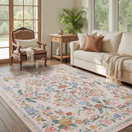 AMOAMI Vintage Floral 5x7 Area Rugs for Living Room Rug, Machine Washable Rug Non Slip Large Area Rug for Bedroom Indoor Low Pile Carpet Ultra Soft Boho Rugs for Dining Room Playroom Office, Beige
