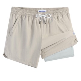 maamgic Mens Swim Trunks 5" with Compression Liner Stretch Quick Dry Swim Shorts Swimming Trunks Bathing Suits Light Grey Medium