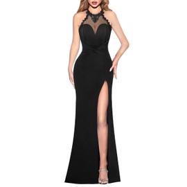 VFSHOW Womens Formal Illusion Halter Neck Keyhole Backless Prom High Slit Maxi Dress 2023 Wedding Guest Lace Applique Twist Front Glitter Mermaid Evening Gown (Black, XXX-Large) 062C BLK 3XL