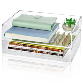 NiOffice Acrylic Desk Organizer, 2 Tier Stackable Clear Acrylic Desk Letter Tray Set, File Document Holder Paper Organizer for Desk, Desktop Organization for Office and Home Use (2 Regular)