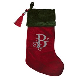 Christmas Stocking Red & Green Velvet w/Tassel, Rhinestone Monogram B
