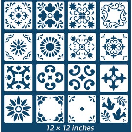 NEGLEX 16 Pack Tile Stencil Set (12X12 Inch), Mexican Stencil Pattern, Use As Floor Stencils Or Wall Stencils, Reusable Stencils for Painting Floor Furniture Canvas, DIY Mexican Talavera Home Décor