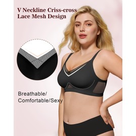 As Fairy Womens Bra No Underwire Seamless Wireless Bra with Soft Support V Neck Mesh Bras Lace Bralette Everyday Bra (Black+Nude,S)