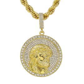 Techno Pave Men's Iced-Out Large Medallion Pendant with 5mm Rope Chain – Luxury Hip-Hop Necklace - Nugget Pendant in Gold Finish