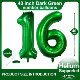 Number 16 Dark Green Balloons 40 Inch Giant Green 16 Numer Foil Helium Balloons for 16th Green Birthday Party Supplies 16th Anniversary Events Decorations