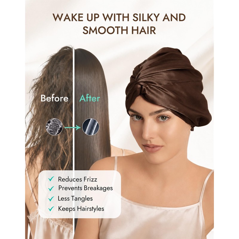 22 Momme 100% Mulberry Silk Bonnet for Sleeping Women, Coffee