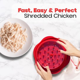 Chicken Shredder Large Breast Shredder Tool Twist with Separate plate, Heat Resistant Tong & Cleaning Brush | Meat Shredder Machine, Anti-Slip Strip, Ergonomic Handle | Shred Chicken Beef - Red