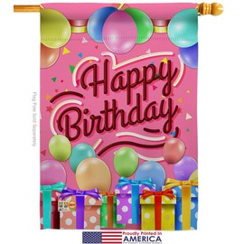 Breeze Decor HS115133-P3-02 Celebrate Happy Birthday Special Occasion Party & Celebration Impressions Decorative Vertical 28" x 40" House Flag Set Aluminum Pole Bracket Hardware
