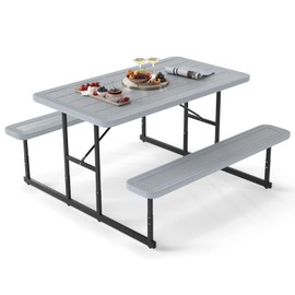 Giantex Picnic Table Bench Set for 4 People, 4.5FT Outdoor Rectangular Dining Table & 2 Benches w/Umbrella Hole, HDPE Tabletop, Metal Frame, Patio Garden Backyard Poolside (4.5FT,Non-Foldable,Gray)