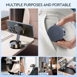 CODEYO Vacuum Magnetic Phone Holder, Vacuum Magnetic Phone Stand, 360 Foldable and Retractable Double-Sided, Folding Swivel Stand, Vacuum Suction Phone Holder for Car Mirror Gym Shower, Black