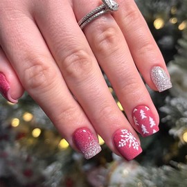 Christmas Square Press on Nails Short Fake Nails with White Snowflakes Christmas tree Glitter Design False Nails Rose Red Full Cover Glue on Nails Glossy Artificial Christmas Nails for Girls 24Pcs