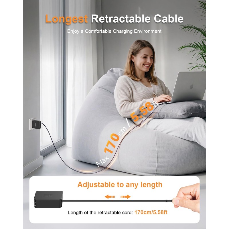 SUPERONE Retractable Laptop Charger, with USB C Fast Charging Cable，5