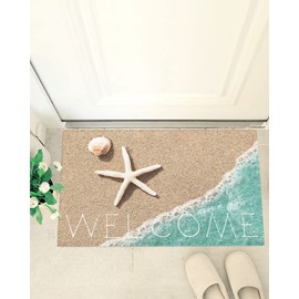 Chees D Zone Coastal Beach Bath Rug Fluffy Shag Area Rug,Ocean Starfish Shells Ultra Soft Shaggy Carpet,Teal Sea Water Welcome Floor Door Mats for Bedroom Living Room Bathroom Nursery 24x35IN
