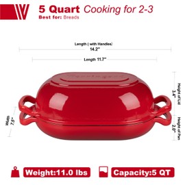 VORRINGARD Enameled Cast Iron Sourdough Bread Oven, Dutch Oven, Loaf Cast Iron Bread Pan for Homemade Bread Baking, Meatloaf Pan with Lid, 5QT, Red