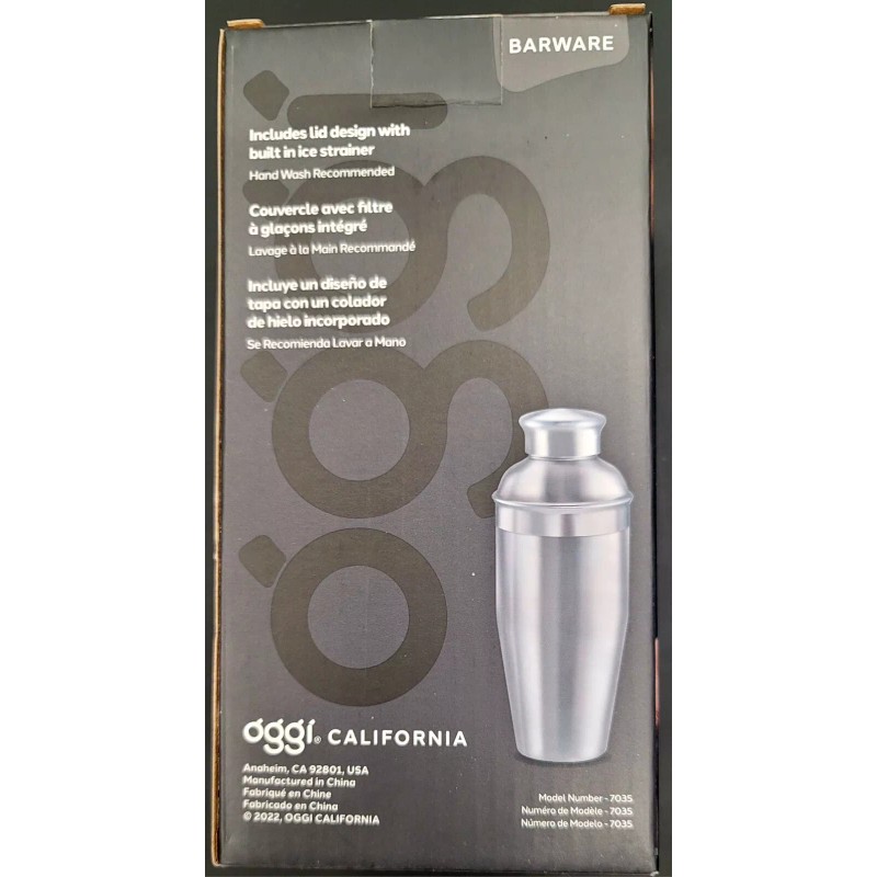 OGGI Barware .75 Lt/25 oz Classic Stainless Steel Cocktail Shaker