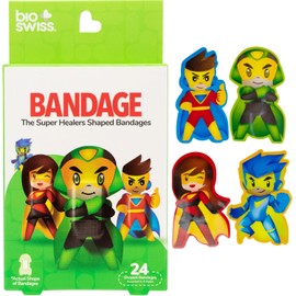BioSwiss Vendajes Autoadhesivos Super Healers Con Forma De Superhéroe, Sin Látex, Estériles Para El Cuidado De Heridas, Suministros Divertidos Para Botiquines De Primeros Auxilios Para Niños Y Adultos