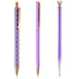 3 Pcs Purple Pens Bling Diamond Metal Ballpoint Pens Fancy Glitter Pen 1.0mm Black Ink Click Retractable Pens for Women Office School Writing Gifts