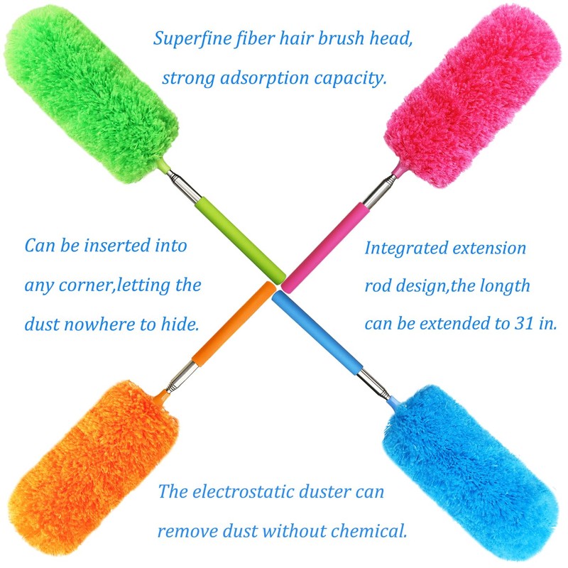 4 Pack Microfiber Feather Duster, with Extendable Pole and Bendable