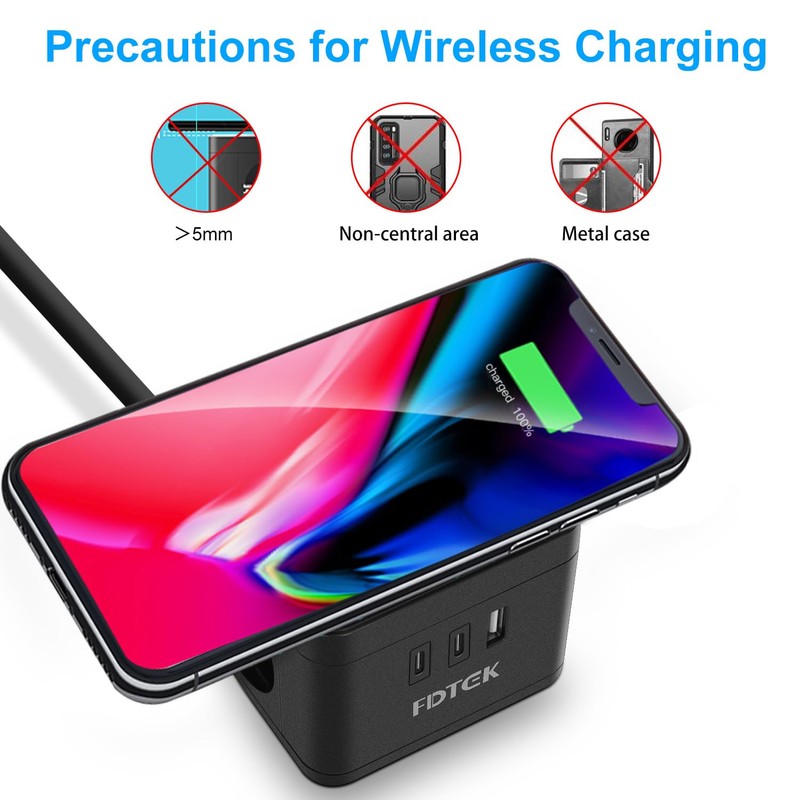 FDTEK Socket Cube with Inductive Charging Function with 2 USB-C