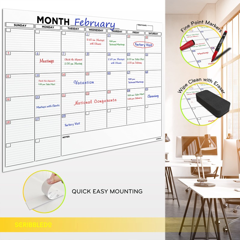 Large 36"x48" White Board Calendar Blank Dry Erase Calendar for