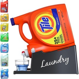 TidyFriend Liquid Laundry Detergent Holder Stand with Drip Tray & Rubber-Grip Feet, Stand for Laundry Room Organization and Storage, Fabric Softener Dispenser with Cup Holder (Black with Print)
