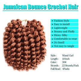 10 Inch Jamaican Bounce Crochet Hair 22 Strands 4 Packs Wand Curl Crochet Hair Curly Crochet Braids for Black Women (10 Inch (Pack of 4), 30#)