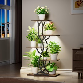 Plant Stand Indoor with Grow Lights - 44" Tall Corner Plant Stands for Indoor Plants, 5 Tiered Metal Plant Shelf, Curved Plant Flower Holder Dispaly Rack for Living Room, Home Patio Balcony (Black)