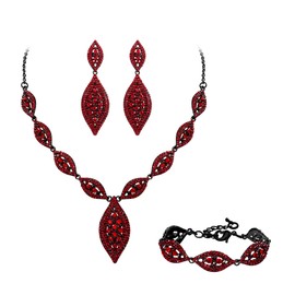 Flyonce Bridal Wedding Jewelry Set for Women Rhinestone Crystal Leaf Necklace Link Bracelet Drop Dangle Chandelier Earrings Set Red