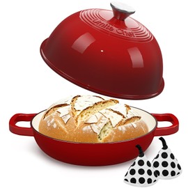 Enamelled Cast Iron Dutch Oven Pot – Dutch Oven Pot with Lid For Sourdough Bread Baking – Cast Iron Bread Oven – Red, Umite Chef 6QT Pot with Lid & Cotton Potholders