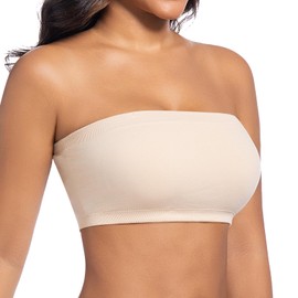 ONEW Seamless Bandeau Bra Women's Strapless Bustier Top Without Underwire Shoulderless Bra Tube Top with Transparent Straps, beige, M