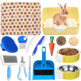 Reallnaive 15 Pcs Rabbit Starter Kit Small Rabbit Litter Box Animal Grooming Kit Bunny Toys Bowl Blankets with Cleaning Set for Guinea Pig Accessories (Blue)