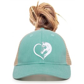 One Size Mint/Tea Ponytail Horse Heart Horse Lover Gift Idea Ponytail Mesh Back Cap
