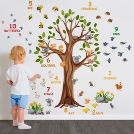 Large Animal Number Tree Wall Stickers Learning Numbers Animals Wall Decals 4 Sheets Peel and Stick Wall Decal for Classroom Baby Nursery Kids Room Educational Decor