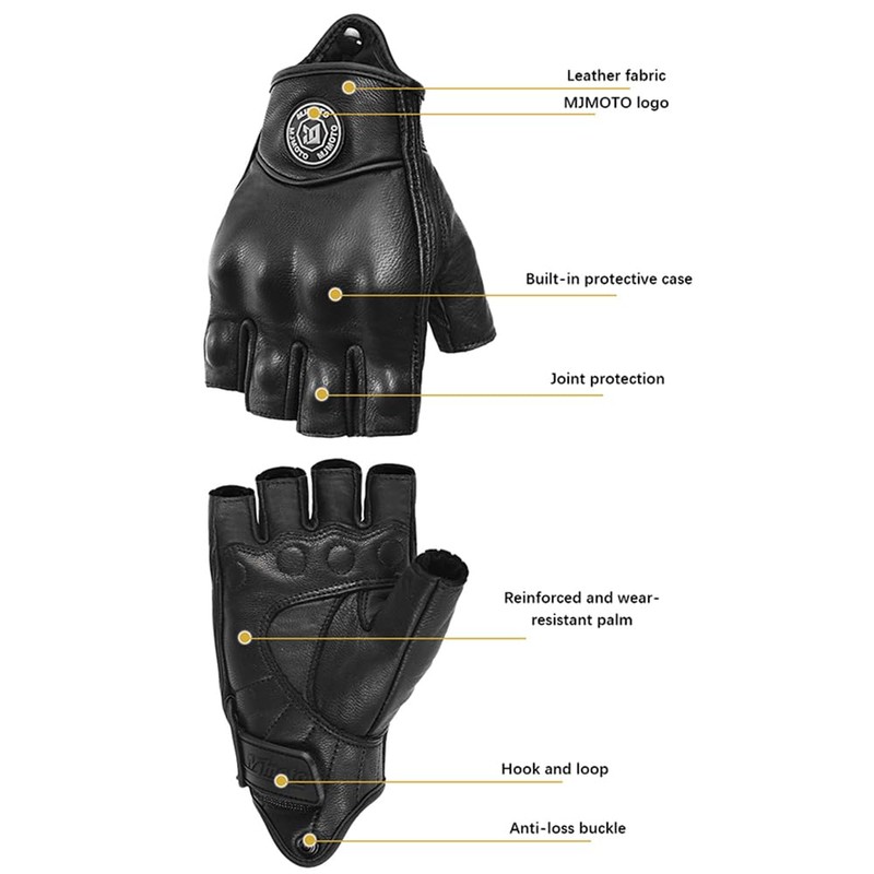 mjmoto Motorcycle Gloves Goat Leather Fingerless Vintage Perforated Black (Black,