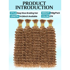 Honey Blonde Human Braiding Hair for Boho Braids 160g 5 Bundles/Pack 16 Inch Curly Boho Hair for Braiding Knotless 12A Deep Wave Bulk Bohemian Color 27