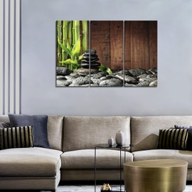 3 Panel Zen Wall Art Bamboo Canvas Green Spa Wooden Background Painting Pictures Print On Canvas Botanical Picture for Modern Decoration Ready To Hang