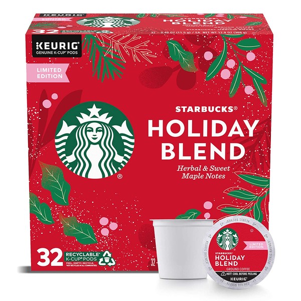 Starbucks Holiday Blend Medium Roast Coffee Single-Cup Coffee for Keurig Brewers, 1 Box of 32 (32 Total K-Cup Pods) | Herbal & Sweet Maple Notes