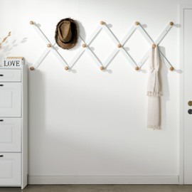 SKOLOO Wooden Wall Hat Rack, Large Accordion Wall Hanger, Modern, Expandable Coat Rack Wall Mounted, Solid Wood Wall Hat Hanger, 14 Peg, Natural & White